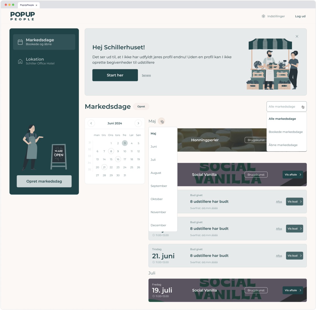 Market-days list page for locations showing calendar controls, filter dropdown, and a mixed list of upcoming and bid-info cards.